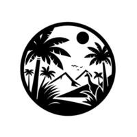Stylized Circular Silhouette Palm Trees, Mountains, Giraffe, Birds, and Sun in a Black and White Wilderness Landscape. vector