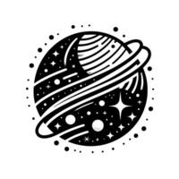 Black and White Cosmic Illustration A stylized Saturnlike planet with rings, a starfield background, and a minimalist aesthetic. vector