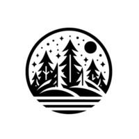 A monochrome, circular emblem featuring a silhouette of a forest with pine trees, a full moon, stars, and a stylized landscape. vector