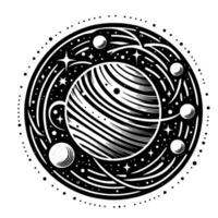 Intricate blackandwhite illustration depicting a celestial orb encircled by planets, stars, and cosmic trails within a dotted border. vector
