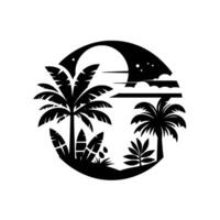 Tropical Night Scene in a Circle Palm Trees, Moon, Clouds, and Stars, Black and White Silhouette Design. vector