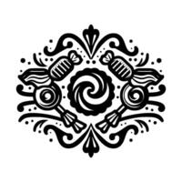 Symmetrical black and white illustration of lollipop and candy elements with swirls and dots, forming a decorative, whimsical design. vector