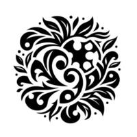 Ornate black and white circular floral with swirling patterns, leaves, dots, and a bold geometric center, set against a bright white backdrop. vector