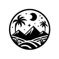Black white circular minimalist featuring palm trees, mountain peaks, a crescent moon, stars, and stylized rolling hills. vector