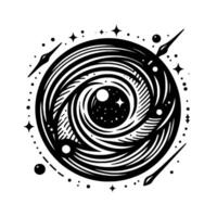 Cosmic Vortex A stylized black and white illustration of a celestial whirlpool with stars and orbiting elements, evoking mystery and wonder. vector