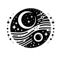 Black and White Celestial Orb Crescent Moon, Stars, and Orbital Elements, Abstract, Symbolic Representation. vector