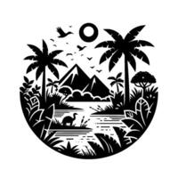Silhouette illustration a prehistoric landscape enclosed in a circle, featuring mountains, palm trees, a lake, a dinosaur, and flying birds under a sun. vector