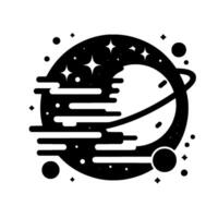 Black and white stylized space illustration featuring a planet with an orbital ring, stars, and celestial elements. vector