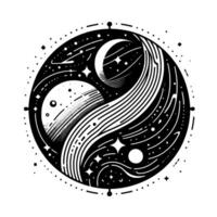 YinYang Cosmos A celestial balance of planets, moons, stars, and flowing lines within a circular, blackandwhite design. vector
