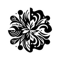 Symmetrical black and white floral with intricate leaf, dot, and swirl elements, creating a modern mandalalike pattern against a white background. vector