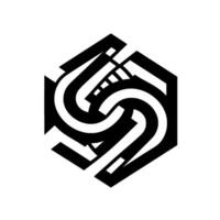 Geometric Black and White Hexagon with Intertwined Curves and Straight Lines, Minimalist vector