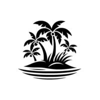 Black and white illustration of a tropical island scene with five stylized palm trees and grass, on a white background. vector