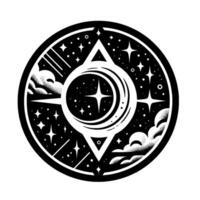 Black and white cosmic mandala with stars, crescent, clouds, and celestial geometry arranged in a circular design. vector