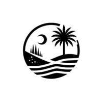 Black and White Stylized Island Scene in a Circle, with Moon, Palm Tree, Mountains, and Waves. vector