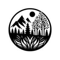 Black and White Nature Circle Mountain peaks, trees, field, and sun in silhouette. vector