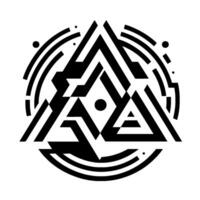 Abstract geometric artwork in a monochrome palette, featuring a complex interplay of triangular shapes within circular and linear patterns. vector