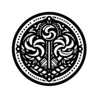 Intricate Black and White Circular Ornament Symmetrical, swirling, and dotted reminiscent of ancient art. vector
