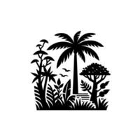 Silhouette illustration of diverse tropical flora, featuring a towering palm tree, trees, various plants, birds, and grass, all in monochrome contrast. vector