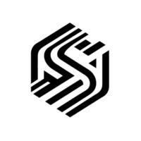 Isometric geometric design, a black and white featuring stylized letter S formed by interwoven stripes within a hexagon. vector