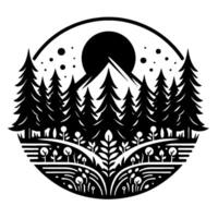 Silhouette of a serene mountain forest scene within a circle, with a sun, pines, and flora in black and white, evoking a sense of peace. vector