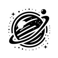 Abstract Black and White Illustration of a Striped Planet with Rings, Stars, and Celestial Dots on a White Background. vector