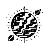 Black and white cosmic illustration, featuring a planet with swirling patterns, a crescent moon, stars, orbiting planets, and a directional symbol. vector