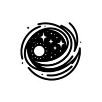 A Minimalist Black and White Celestial Depicting the Sun, Stars, and Swirling Galaxy within a Circular Frame. vector
