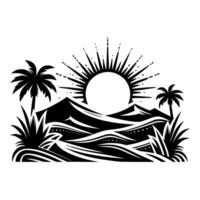 Black and white stylized desert landscape illustration featuring sun, palm trees, sand dunes, and spiky plants, creating a serene and minimalist design. vector