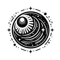 Stylized black and white circular celestial with cosmic sun, crescent, stars, and dots on a white backdrop. vector