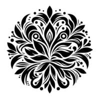 Symmetrical Floral in Black White A Decorative Mandalalike Pattern with Leaves, Dots, and Swirls Against a White Background. vector
