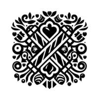 Intricate symmetrical black and white floral and geometric pattern with hearts, keys, and stylized elements. vector