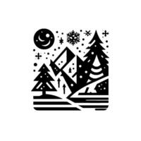 Geometric Winter Night Scene Black and White Illustration Featuring Mountains, Trees, Snowflakes, a Crescent Moon, and Abstract Arrows vector