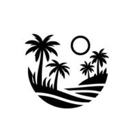 Silhouetted Tropical Paradise Black and White Island Scene with Palm Trees, Sun, and Waves within a Circular Frame. vector