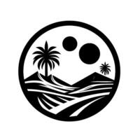 Circular monochrome featuring desert landscape with palm trees, mountains, and stylized fields under a moon. vector