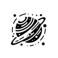 A minimalist, blackandwhite illustration of a planet with rings, stardust, and orbiting objects, set against a clean white background. vector
