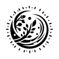 A minimalist black and white circular emblem featuring stylized plant life with leaves and berries within crescent moon, surrounded by a dotted border. vector