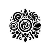 Monochromatic Emblem of Candied Delights A swirling arrangement of lollipops, sweets, leaves, and berries, forming a decorative, festive composition. vector