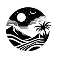 Silhouette scene of a tropical night, featuring palm tree, mountains, moon, clouds, and stars within a circular frame. vector