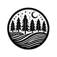 Black and White Circular Illustration Evergreen Trees on Rolling Hills Under a Crescent Moon and Starry Night Sky, Design. vector