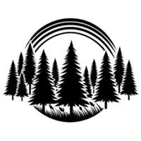 Black and White Forest Silhouette Design Pine Trees, Grass, and Rainbow Arc Enclosed in a Circular Composition. vector