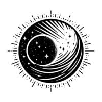 Celestial illustration of a dark moon enveloped by swirling energy and stars, contained within a sunburst circle. vector