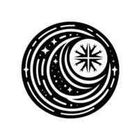Intricate Celestial Emblem Moon, Star, and Compass Rose Intertwined in a Cosmic Harmony. vector