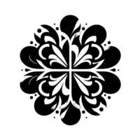 Symmetrical black and white floral mandala pattern, petallike shapes with gradient and intricate leaf details on a white background. vector