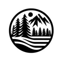 Black and white minimalist circular emblem of a mountain range, trees, waves and sun, evoking natures serenity and adventure. vector