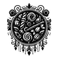 Intricate Black White Circular Illustration of Candies, Lollipops, Sweets in a Decorative Frame with Floral and Geometric Embellishments vector