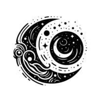 intrincado negro y blanco celestial mandala representando creciente lunas, estrellas, y cósmico elementos en un limpiar blanco antecedentes. vector