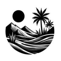 Black and White Circular Minimalist Landscape with Mountains, Palm Trees, Sun, and Flowing Lines. vector