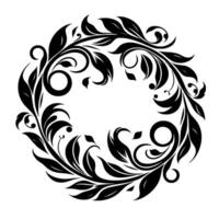 Intricate Black Leafy Floral Wreath, symmetrical design, flowing vines and foliage with elegant swirling motifs, on a white background. vector