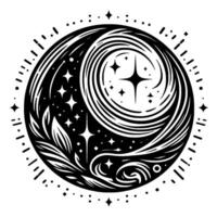 Intricate black and white celestial within a circle, featuring a crescent moon, stars, swirling patterns, and decorative border. vector