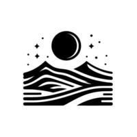Minimalist black and white illustration of a mountain range beneath a crescent moon and stars, evoking a sense of peace. vector